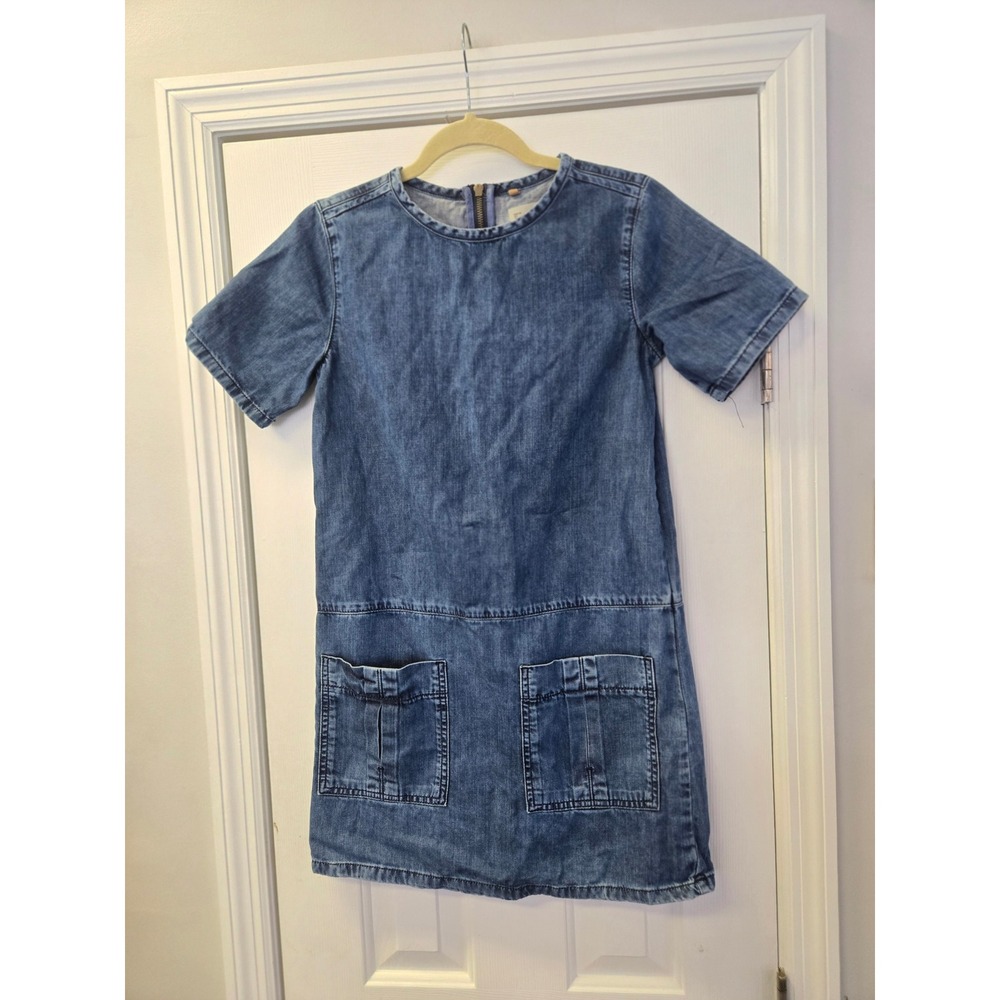Topshop Moto Denim Short‎ Sleeve Shift Dress Mini Front Pockets  2 Y2K Retro